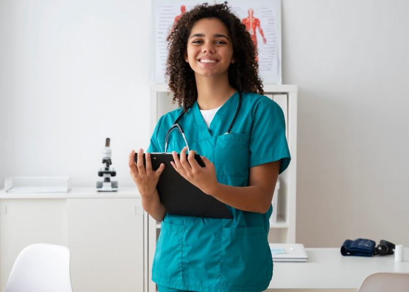 Foto de uma mulher negra sorrindo com cabelo cacheados, com roupa hospitalar cor azul, estetoscopio em pescoço segurando uma prancheta nas duas maõs. Encontra-se em uma sala branca, com microscópio ao fundo e um retrato de anatomia do o corpor humano na parede. Possui uma mesa cor branca com esfignomômetro apoiado.