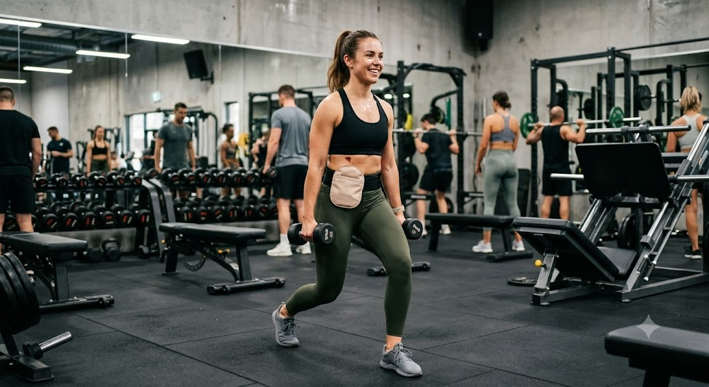Uma mulher atlética e sorridente com uma bolsa de estomia visível realiza um lunge com halteres em uma academia moderna. O fundo movimentado inclui equipamentos de peso e outros frequentadores.