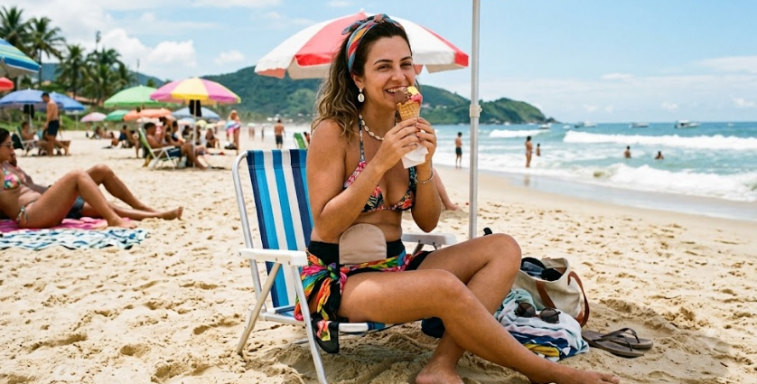Fotografia de uma jovem mulher sorrindo alegremente enquanto toma um sorvete de casquinha. Ela está sentada em uma cadeira de praia listrada de azul e branco, sob a sombra de um guarda-sol. Ela veste a parte de cima de um biquíni estampado, uma canga colorida amarrada na cintura e usa uma bolsa de colostomia opaca bege, que está visível no abdômen. Ao fundo, uma praia ensolarada com areia, o mar com ondas, montanhas e outras pessoas aproveitando o dia.