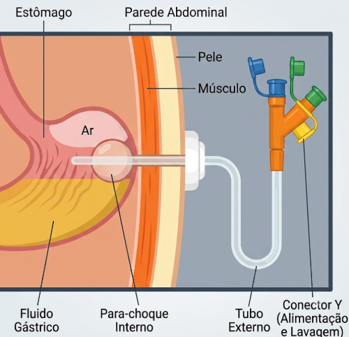 Ilustração transversal de uma sonda de gastrostomia. O diagrama detalha a anatomia da parede abdominal, mostrando a pele e o músculo, e o interior do estômago. Estão destacados os componentes da sonda: o para-choque interno no estômago, o tubo externo e o conector em Y para alimentação e lavagem.