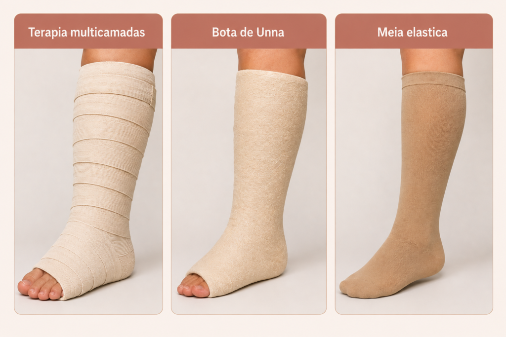 Imagem comparativa mostrando três formas de terapia compressiva aplicadas na perna, lado a lado: terapia multicamadas com bandagens sobrepostas e mais espessas, bota de Unna cobrindo o pé e a perna até abaixo do joelho, e meia elástica de compressão até o joelho.
