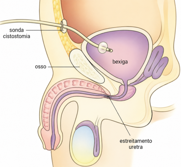 Ilustração anatômica em corte sagital do sistema urinário masculino mostrando uma cistostomia suprapúbica. A sonda é introduzida pela parede abdominal diretamente na bexiga, desviando a uretra devido à presença de estreitamento uretral. A imagem identifica a sonda de cistostomia, a bexiga, o osso púbico e a região de estreitamento da uretra, ilustrando o trajeto da drenagem urinária pela via suprapúbica.