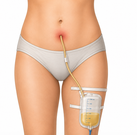 Ilustração de uma cistostomia suprapúbica com sonda saindo da parede abdominal e conectada a uma bolsa coletora de urina fixada na coxa. Ao redor do local de inserção da sonda, observa-se vermelhidão na pele, representando um possível sinal de infecção ou inflamação.