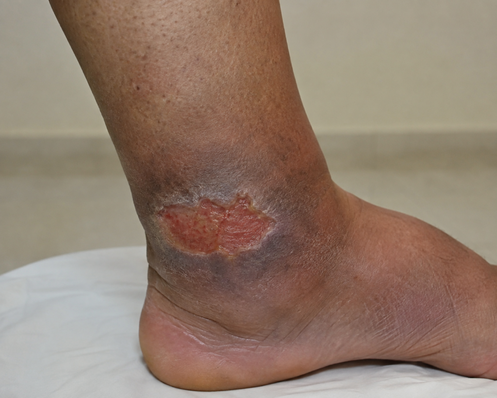 Fotografia clínica da região interna do tornozelo, mostrando uma úlcera venosa superficial, de formato irregular e leito predominantemente avermelhado. A pele ao redor apresenta hiperpigmentação castanho-escura e sinais de edema, especialmente na região do tornozelo.