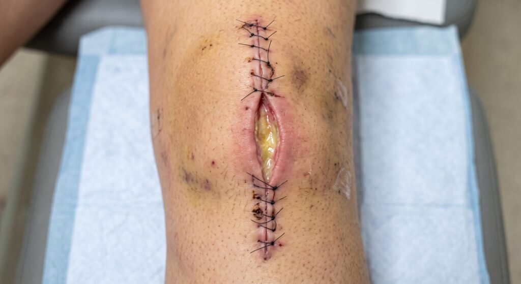 Imagem clínica detalhada mostrando o joelho de um paciente sobre um campo absorvente após cirurgia. A ferida operatória vertical apresenta pontos de sutura íntegros nas extremidades. No centro, observa-se deiscência acentuada (separação das bordas), expondo um leito úmido e de coloração amarelada (tecido de esfacelo/fibrina). A pele ao redor apresenta hematomas característicos de pós-operatório.