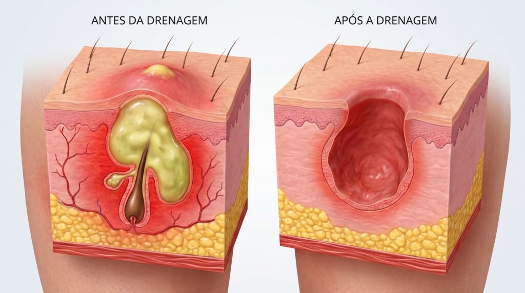 Ilustração comparativa de um furúnculo na pele. A imagem é dividida em duas partes: a da esquerda, com o título 'ANTES DA DRENAGEM', exibe um corte transversal da pele revelando um folículo piloso severamente inflamado, rodeado por uma grande bolsa de pus amarelo e vermelhidão. A parte da direita, com o título 'APÓS A DRENAGEM', mostra a mesma seção anatômica, mas agora a bolsa de pus foi esvaziada, deixando uma cavidade aberta, limpa e avermelhada que se estende até a superfície da pele.