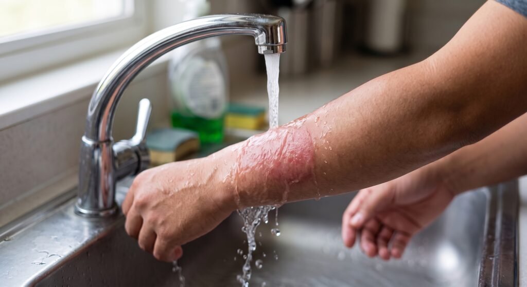Imagem em alta resolução de um braço humano sob uma torneira prateada. A pele do antebraço apresenta vermelhidão de uma queimadura recente (primeiro grau, sem bolhas), recebendo o cuidado imediato com a água fria caindo sobre a lesão. O fundo mostra uma pia de inox levemente desfocada,