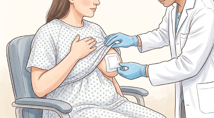 ilustração Ilustração de uma mulher sentada, com avental, enquanto uma profissional de saúde de luvas aplica um curativo na lateral da mama dela.