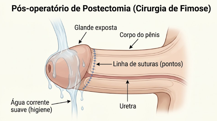 A figura detalha a anatomia da região ao apontar para o "Corpo do pênis" e para a "Glande exposta", mostrando a cabeça do órgão totalmente descoberta após a cirurgia. Logo abaixo da glande, a ilustração destaca de forma clara a "Linha de suturas (pontos)" circundando o pênis, além de apresentar um traço esquemático que indica a passagem interna da "Uretra". Para orientar os cuidados básicos durante a cicatrização, o desenho também exemplifica a rotina correta de limpeza, demonstrando o fluxo de uma "Água corrente suave (higiene)" caindo de forma delicada sobre a glande e a área dos pontos.